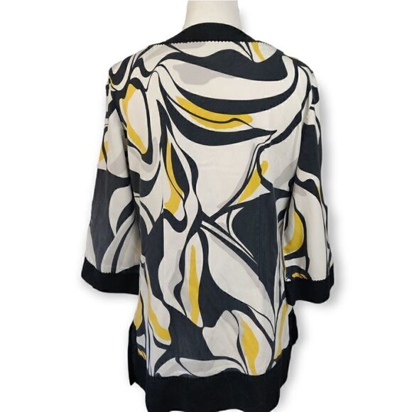 😍 TESORI SILK COTTON ABSTRACT YELLOW BLACK GRAY PRINT 3/4 SLEEVE TUNIC TOP SZ M - Picture 4 of 8